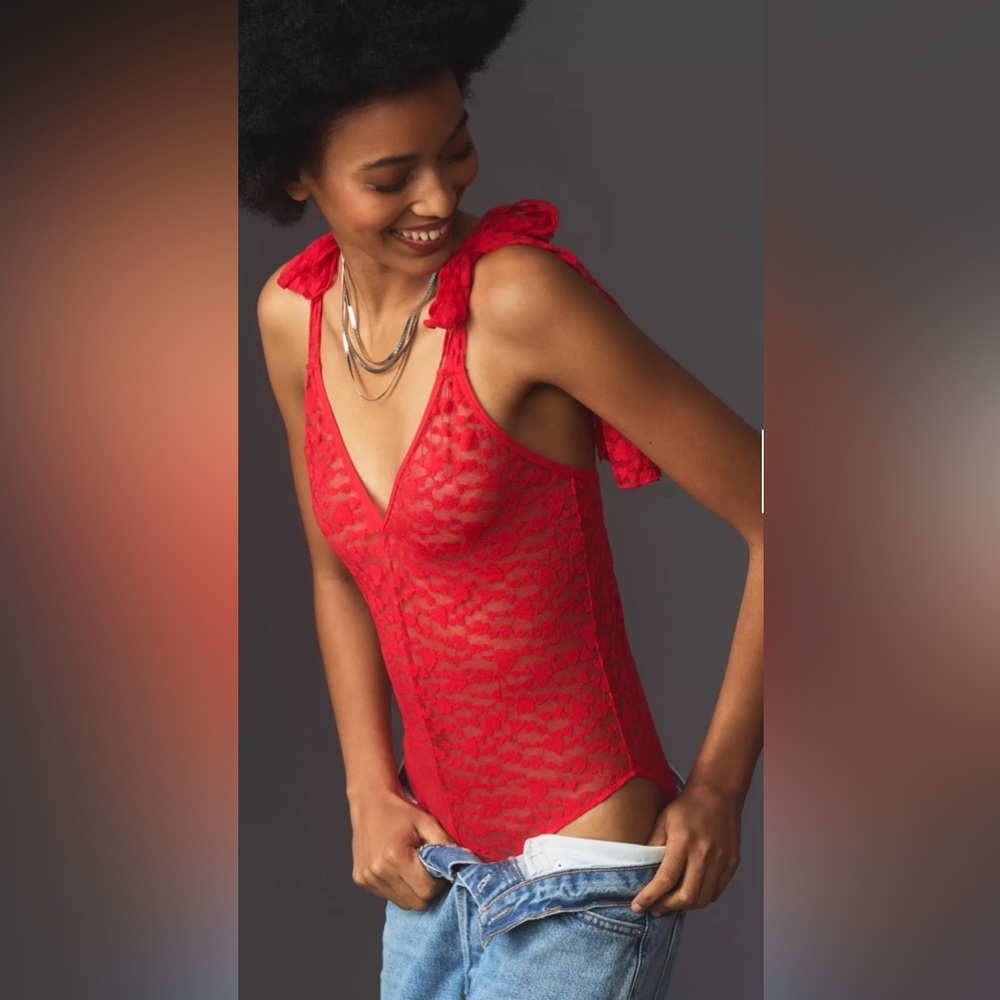 Anthropologie Bow-Shoulder Flocked Heart Bodysuit